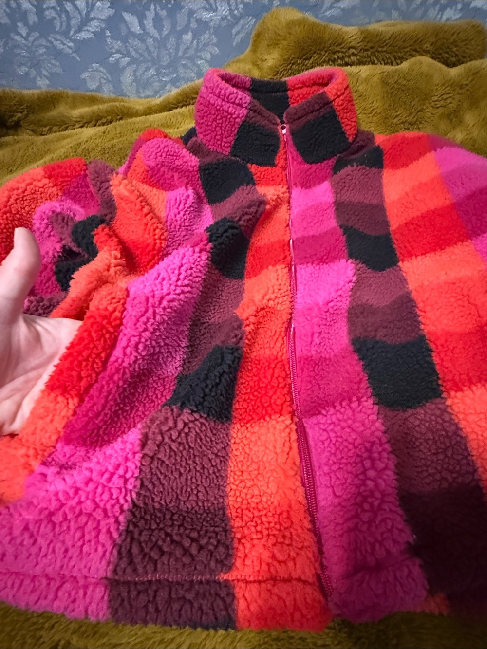 a new day Pink & Red Plush Checkerboard Zip Jacket - Picture 3 of 6